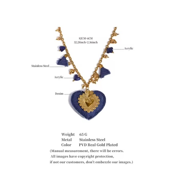 New!Anthropologie jeans color lux stainless Gold Blue Heart Pendant Necklace NWT - Picture 7 of 12